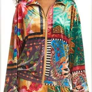 Farm Rio colorful velvet zip up sweater